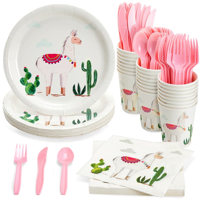 BLUE PANDA Llama & Cactus Paper Party Supply Set - Easy Cleanup Dishware - Vibrant Cactus Llama Decorations - Fiesta Baby Shower Plates & Alpaca Birthday Party Place Settings - 144pc, Serves 24 - Image 1